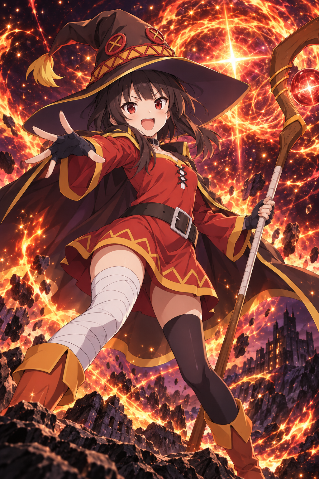 Megumin holding her magic staff in front of a fiery explosion